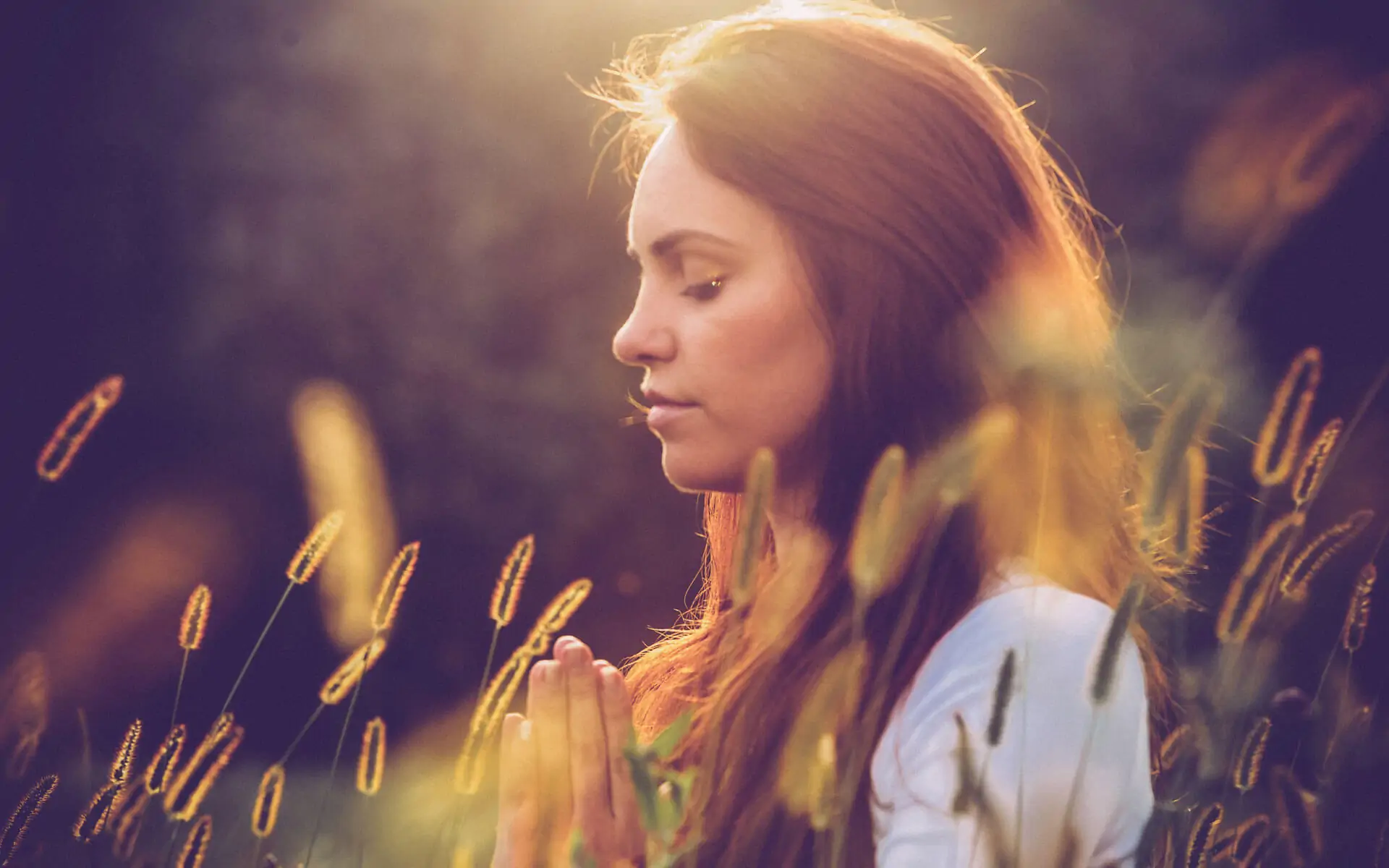 A woman sitting in a field with soft light around her and her hands in a prayer position