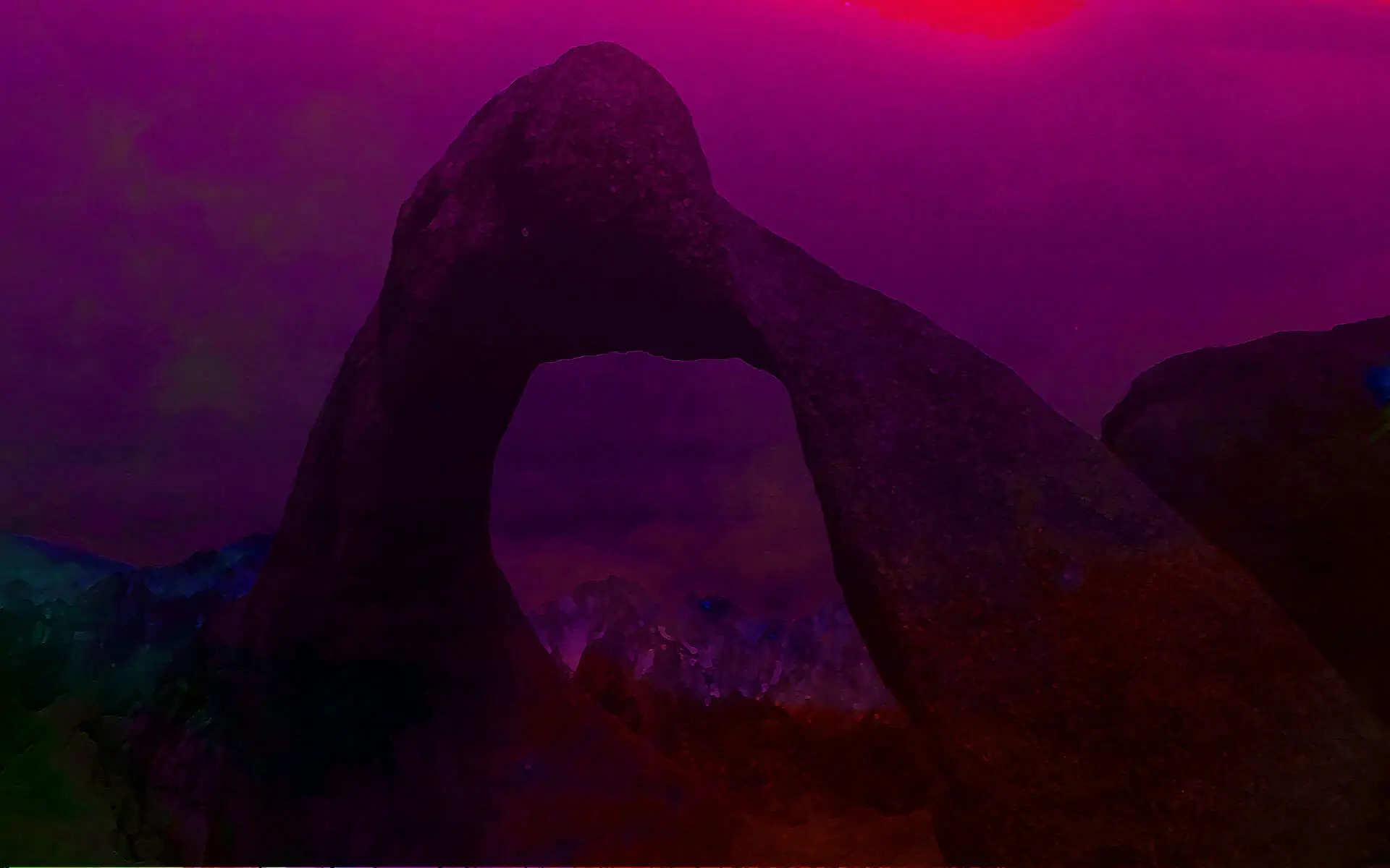 Rock arch with purple light shining through symbolizing a portal to another world