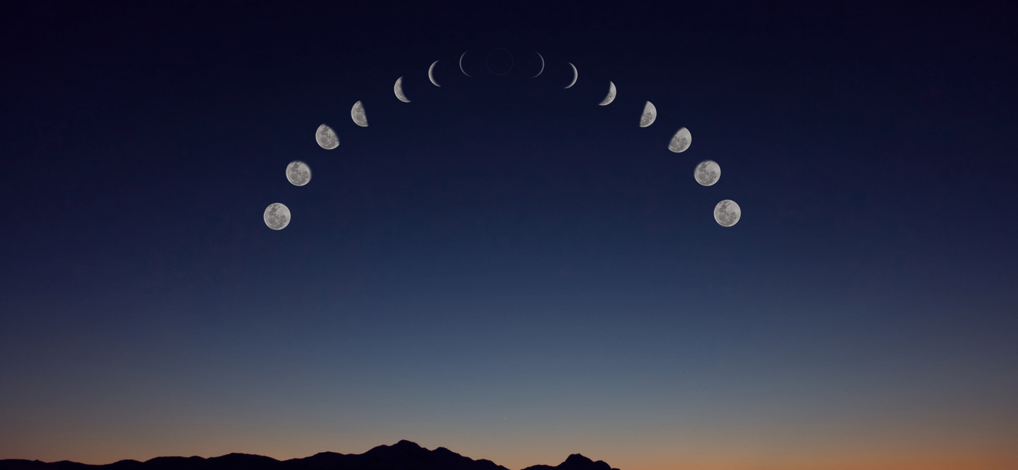 Phases of the moon organized in a half circle, denoting the cyclical opportunities for manifestation